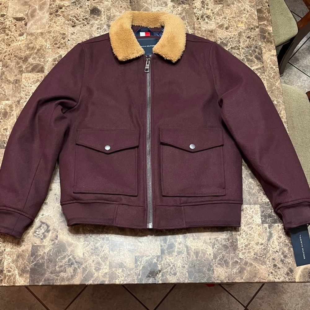 Men's Tommy Hilfiger Men's Wool Blend Bomber Jacket With Faux Fur Burgundy
